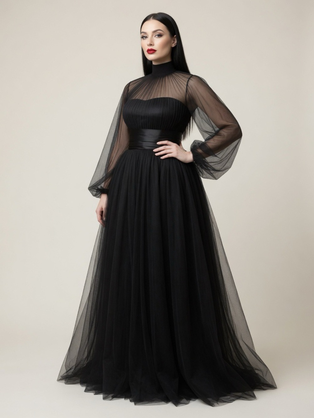 Xpluswear Design Plus Size Black Mock Neck Long Sleeve Mesh Tulle Maxi Dress XL